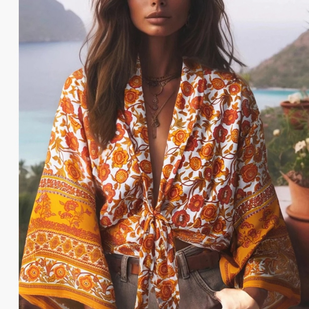 Bohemian Kimono Boho Bikini Cover-ups Floral Print Orange Women's Top